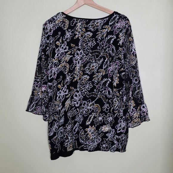 Canda C&A Top Womens L Black Floral Lined 3/4 Sheer Sleeves Lagenlook Whimsigoth - Picture 15 of 15